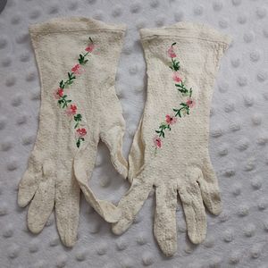 Vintage Ladies Dress Gloves Formal Kayser 6  Dot Embroidered Pink Green Flowers